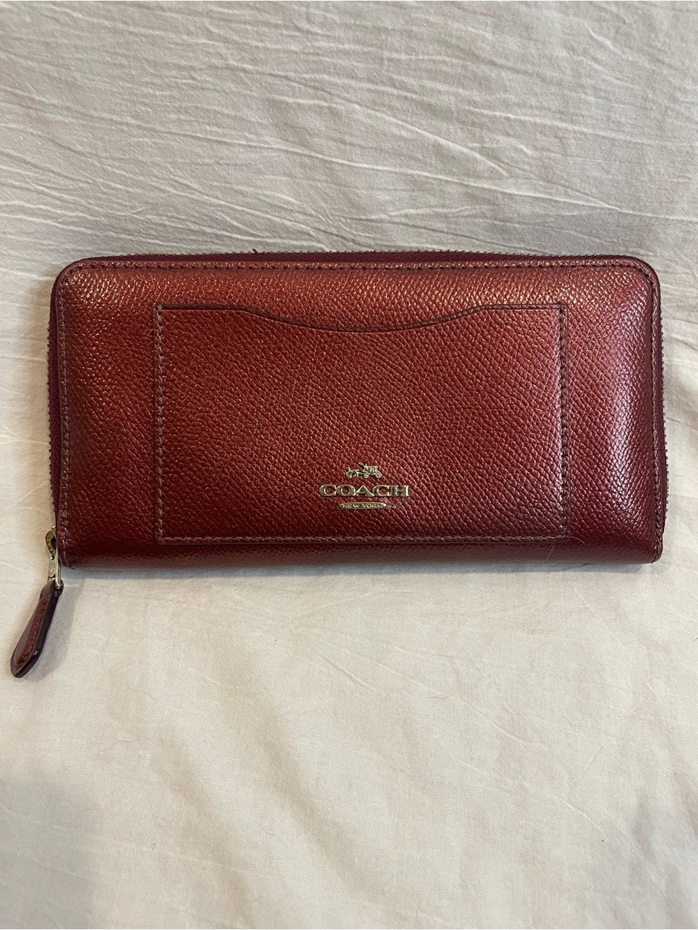Coach Burgundy Pebbled Leather Zip Around Accordion Wallet Long Continental Red